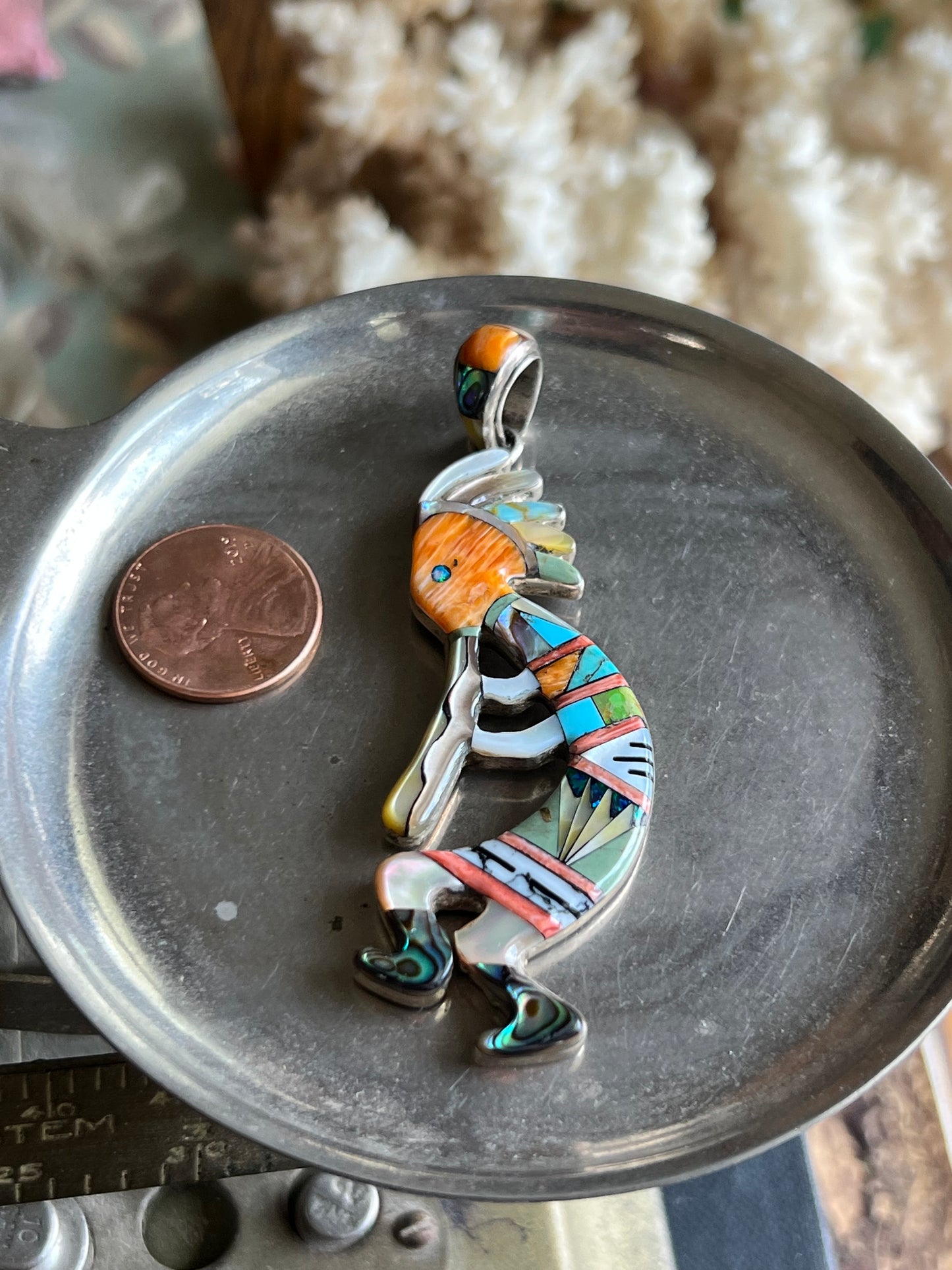 Multi Color Inlay Sterling Silver Kokopelli Pendant