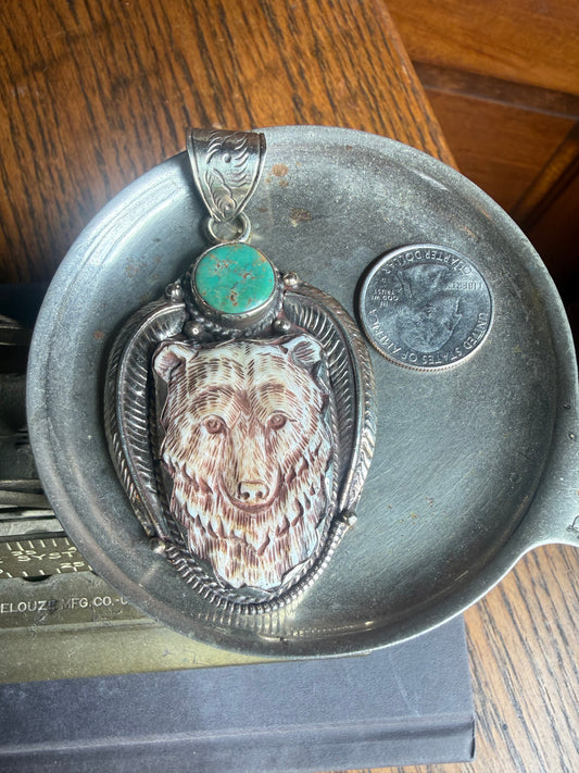 Green Turquoise Stone & Wood Carved Bear Pendant