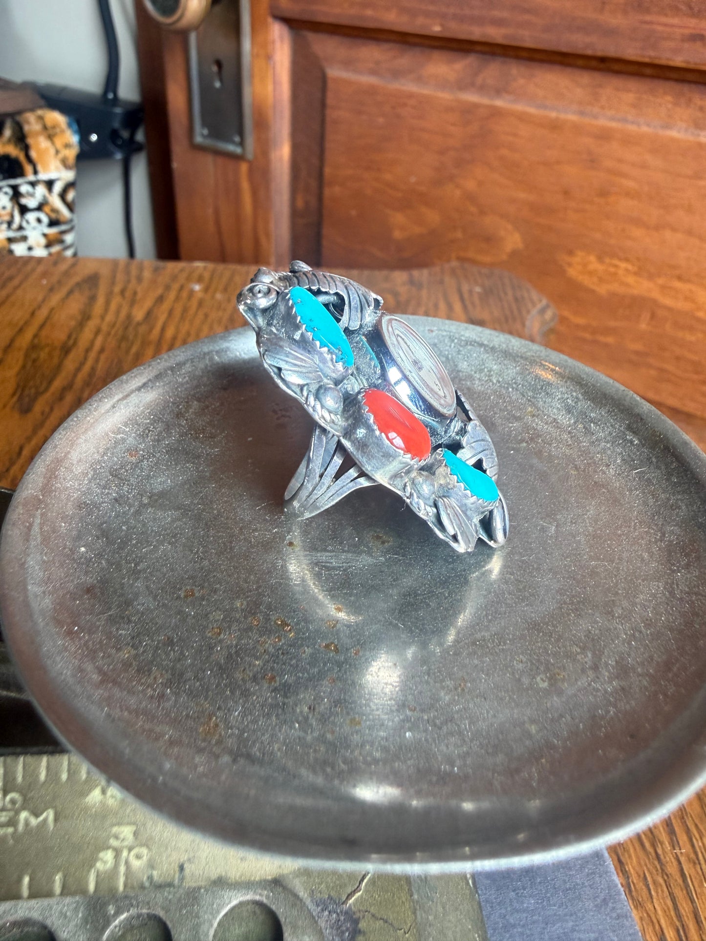Rob Kelly Turquoise and Coral Stone Clock Ring