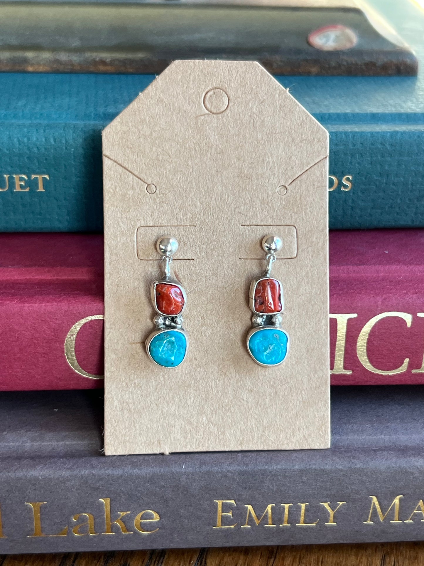 Turquoise & Coral 2-Stone Stacked Drop Earrings