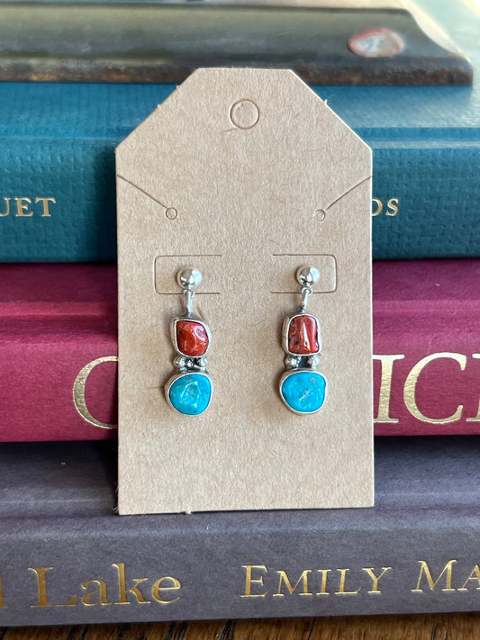 Turquoise & Coral 2-Stone Stacked Drop Earrings