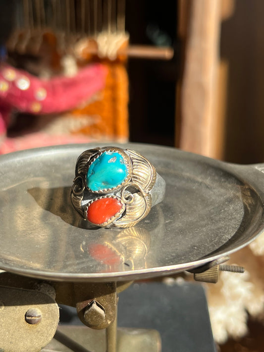 Sterling Silver/ 12KT Gold Filled Turquoise & Coral Double Stone Ring