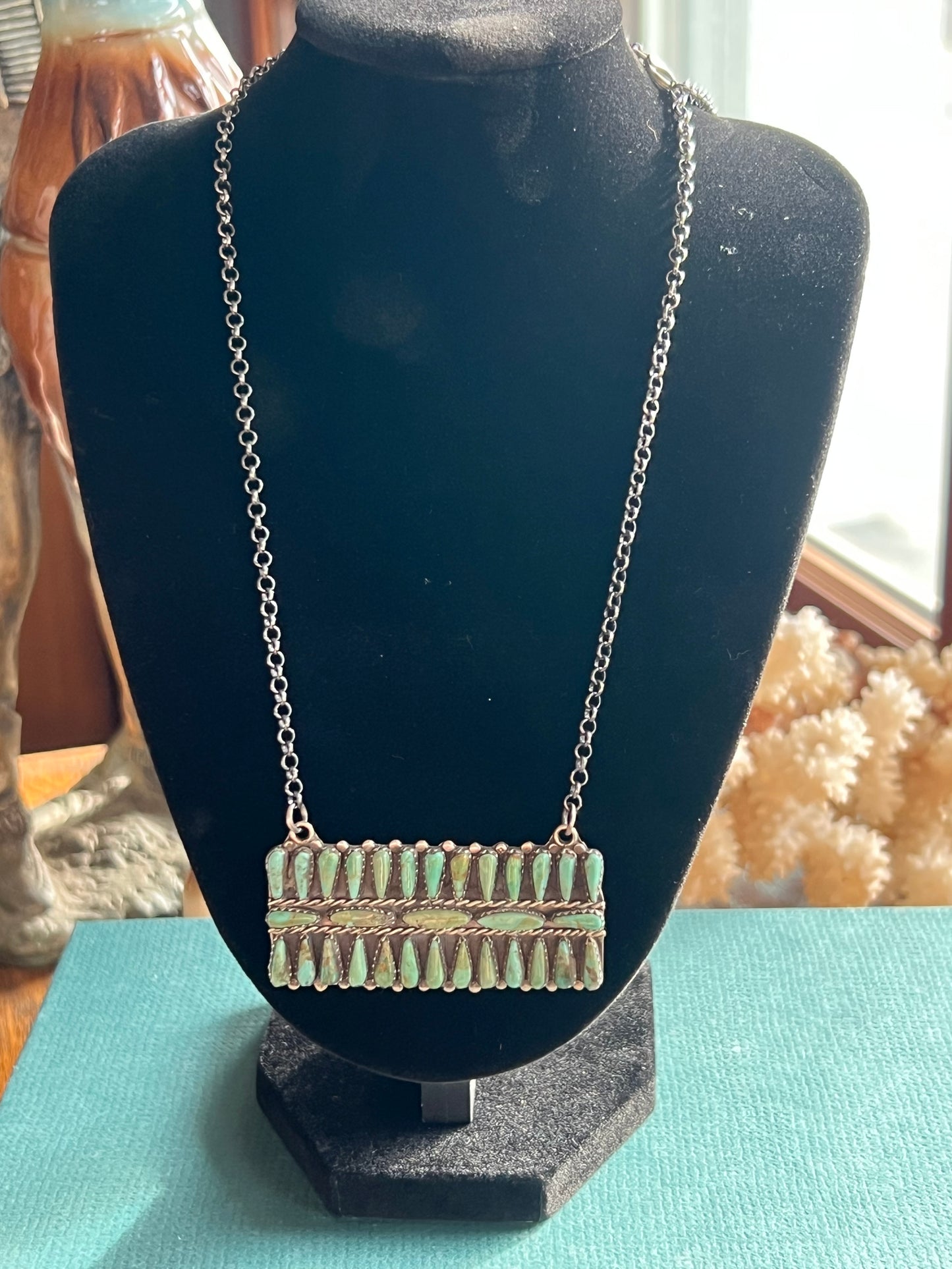 Leander Nez Green/Turquoise Zuni Sterling Silver Bar Necklace
