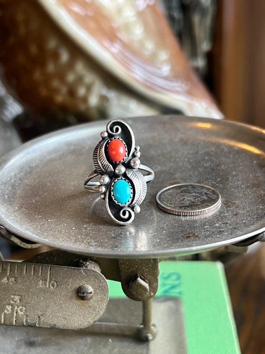 Turquoise & Coral Double Stone Ring