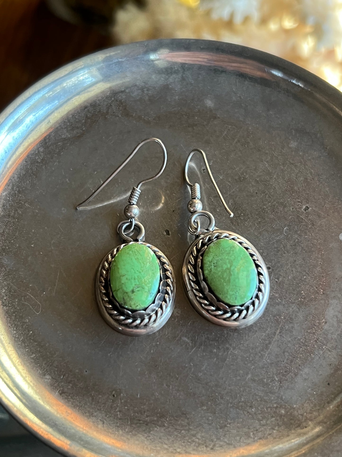 Green Stone Sterling Silver Braided Frame Drop Earrings