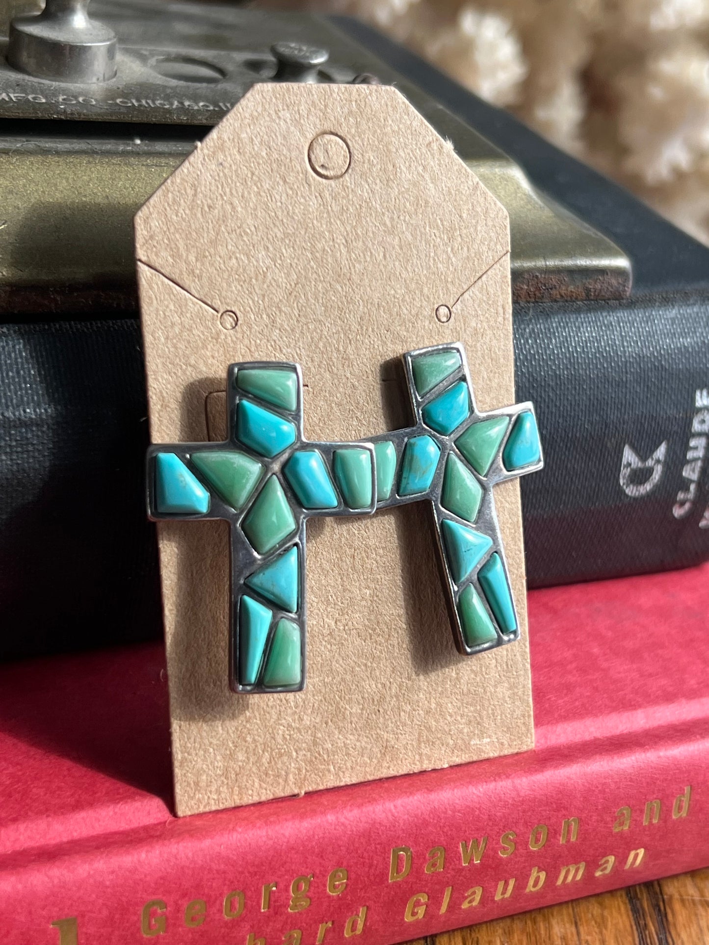 Turquoise/Green Cluster Stone Cross Post Earrings