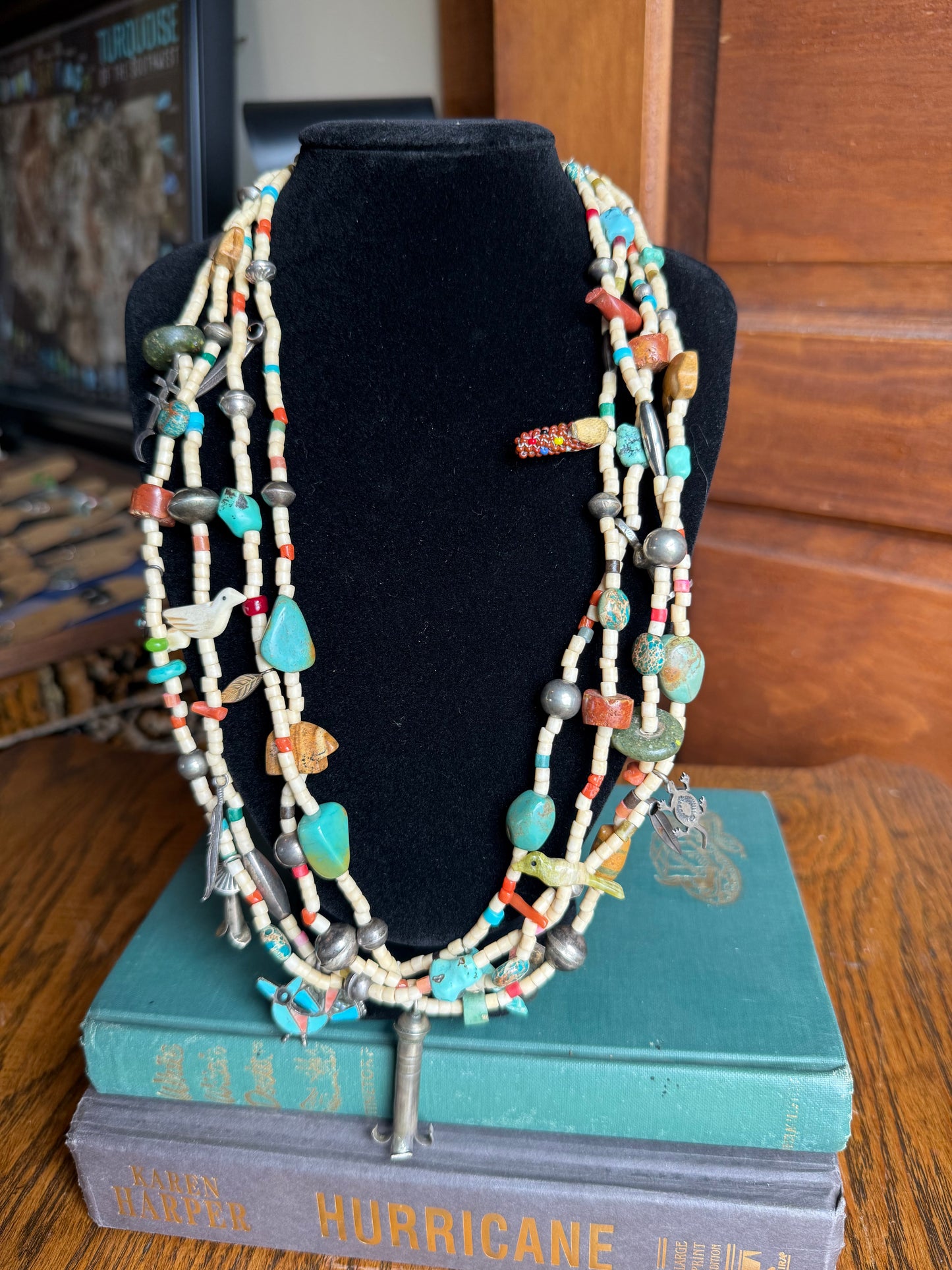 Handmade & One of a Kind 4-Strand Fetish Necklace with Zuni, Sterling, & Turquoise Charms