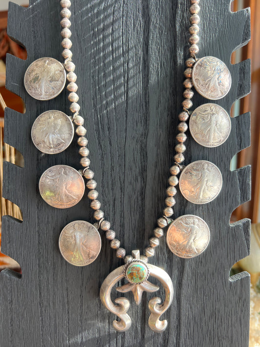 Vintage In God We Trust Coin Squash Blossom with Darling Darlene Stone