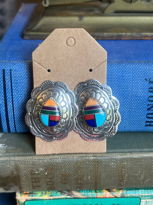 Large Multi-Colored Inlay Conch Post Earrings