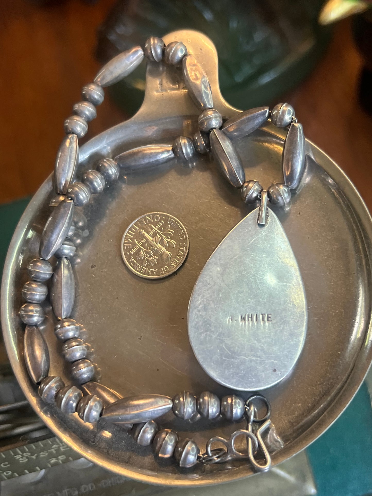 A. White Turquoise & Coral Shadow Box Pendant on Navajo Pearls & Fluted Bench Beads