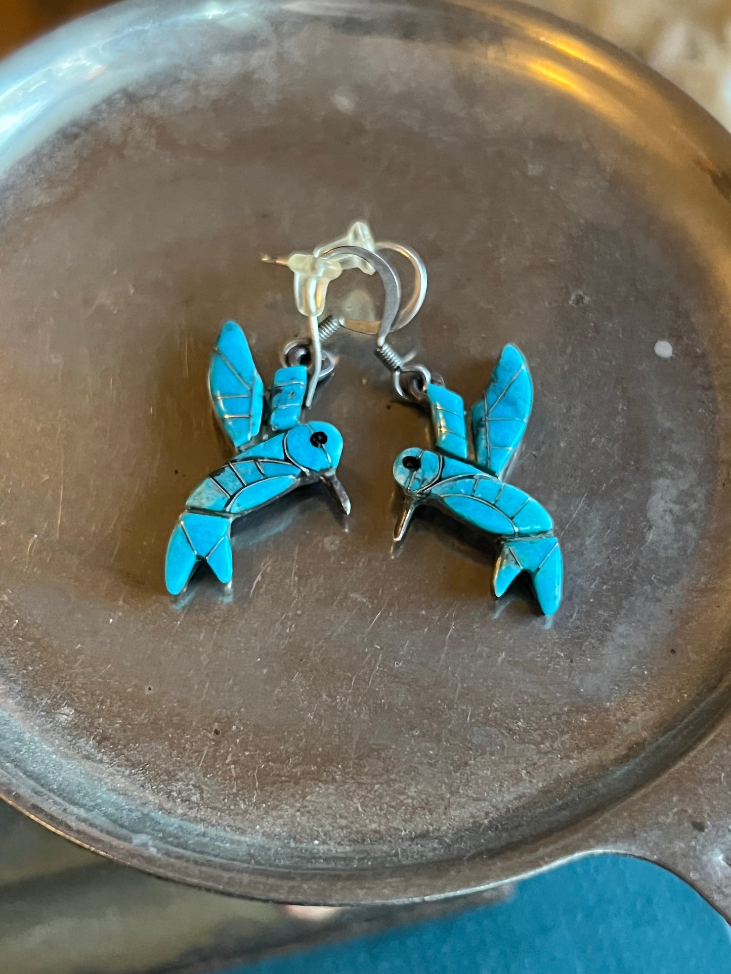 Vintage “DL” Turquoise Zuni Inlay Hummingbird Drop Earrings