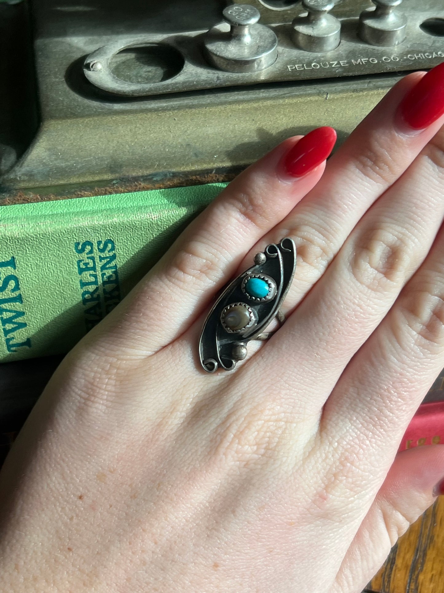 Signed Turquoise & Opal Double Stone Ring