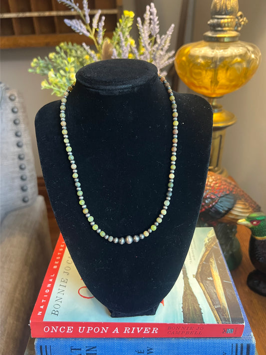 Variated Navajo Pearls and Green Stone Necklace