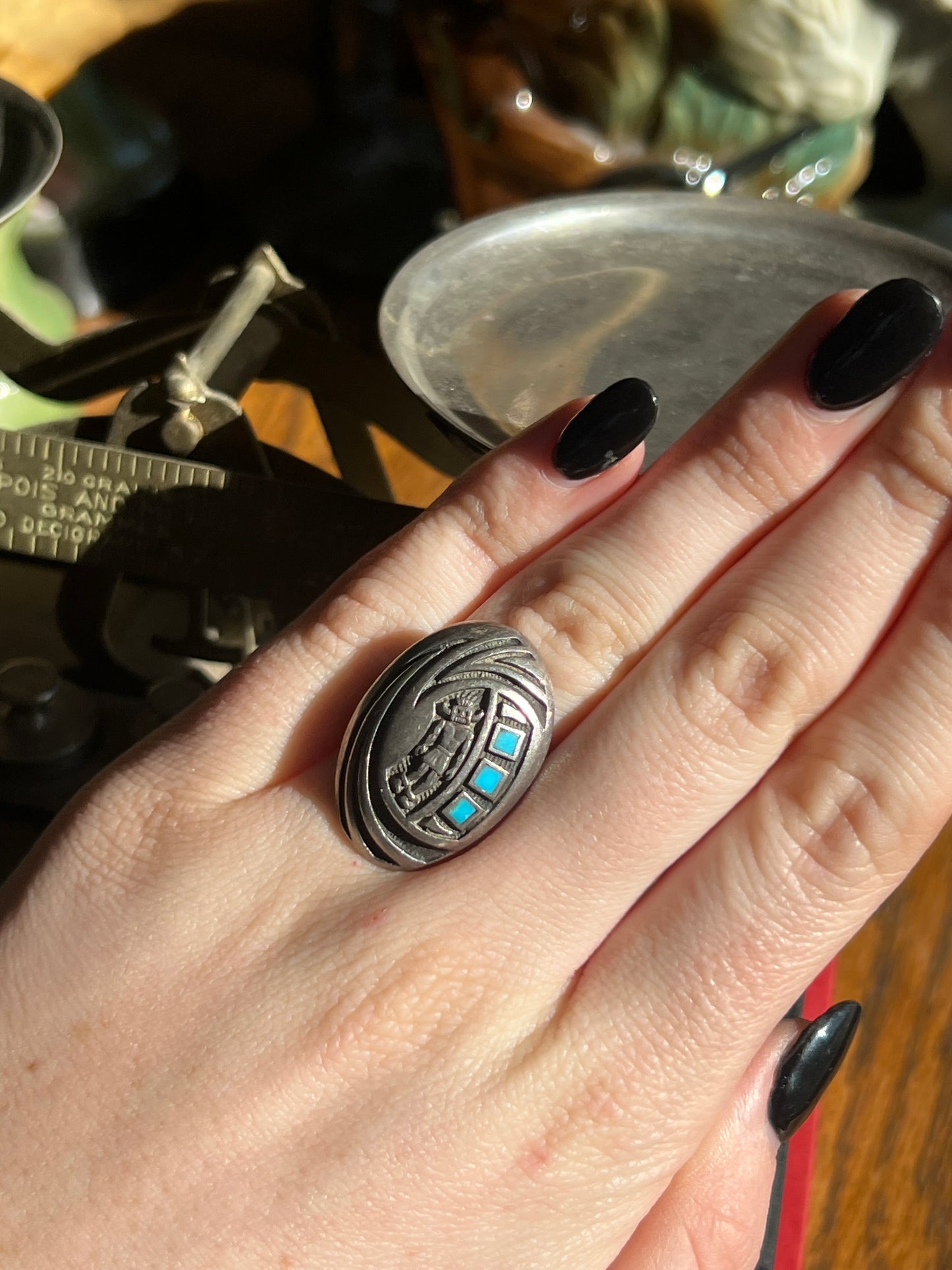 Vintage Silver Kokopelli Man with Turquoise Ring