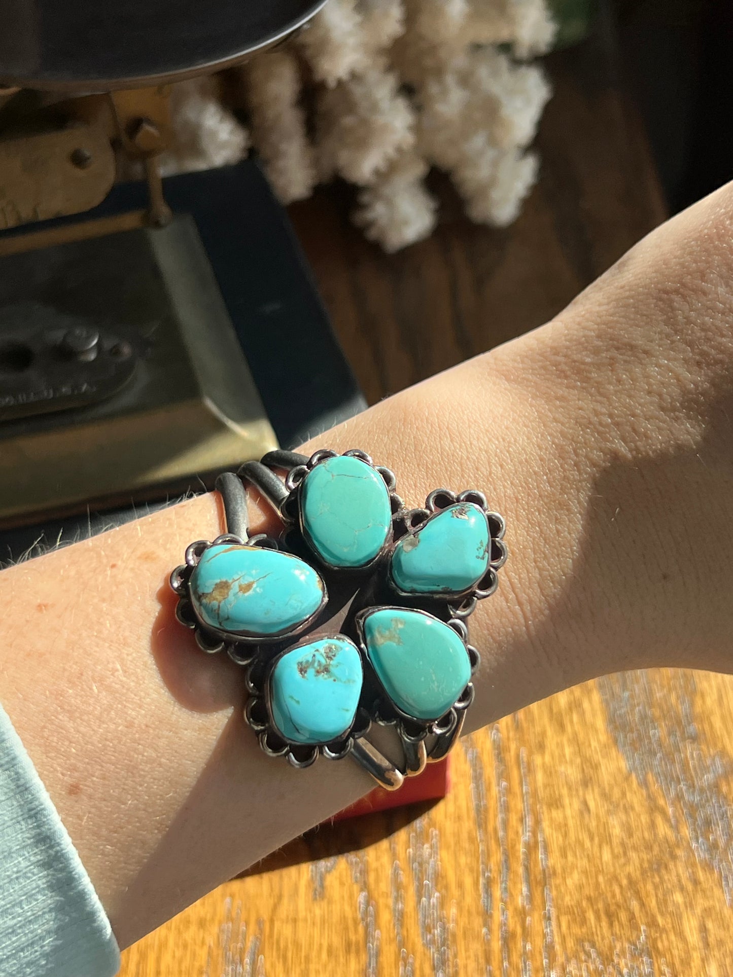 Fox Turquoise 5-Stone Flower Cluster Cuff