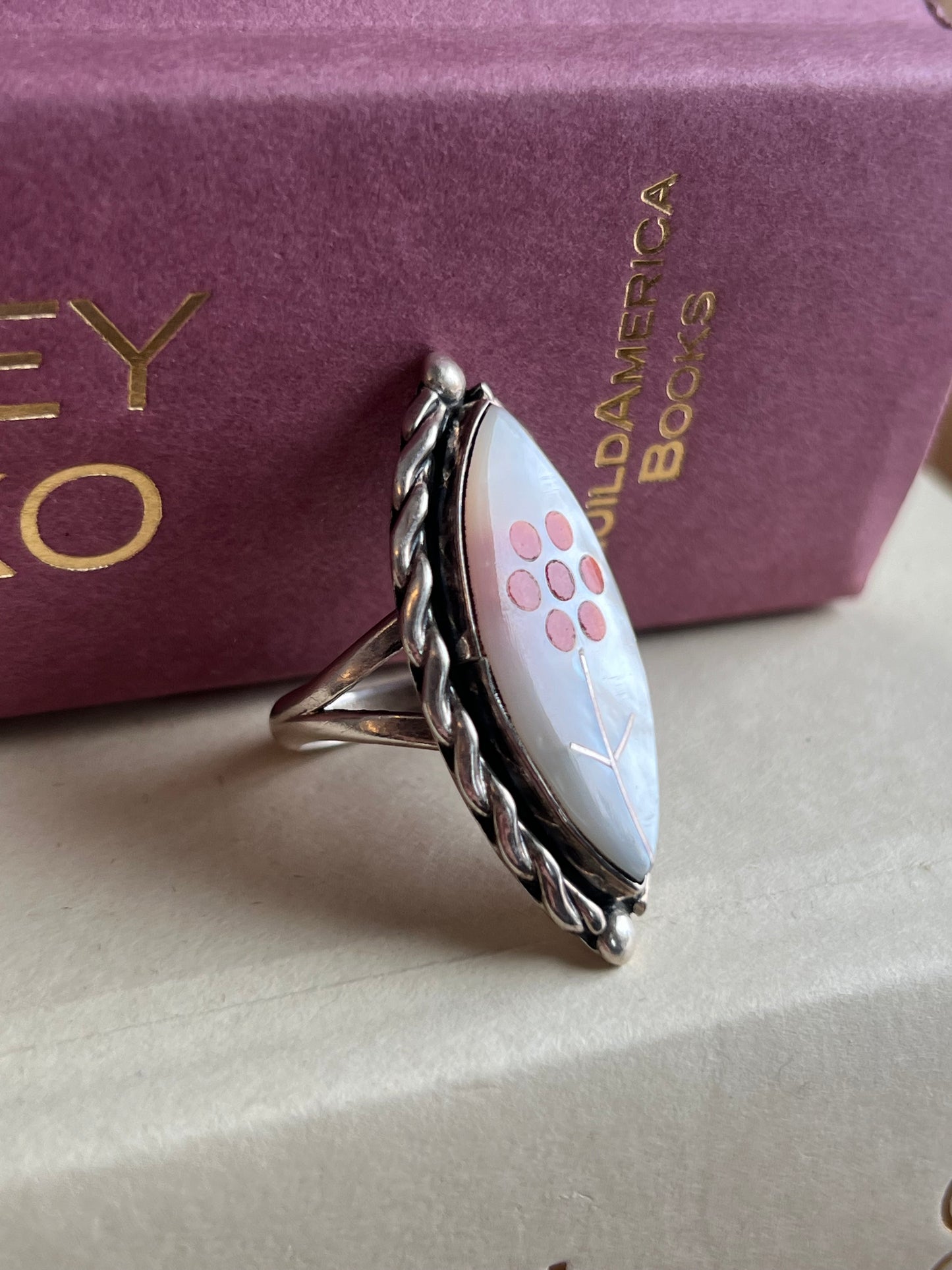 Mother of Pearl Zuni Coral Flower Ring
