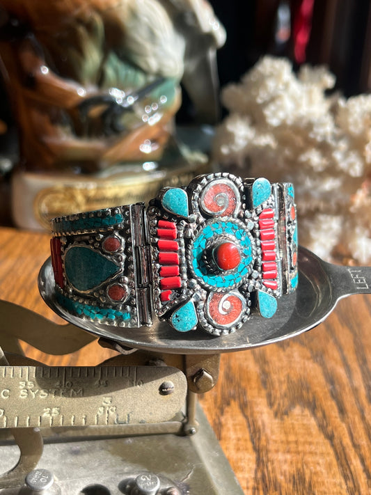 Vintage Tibetan Coral & Crushed Turquoise Snap Cuff
