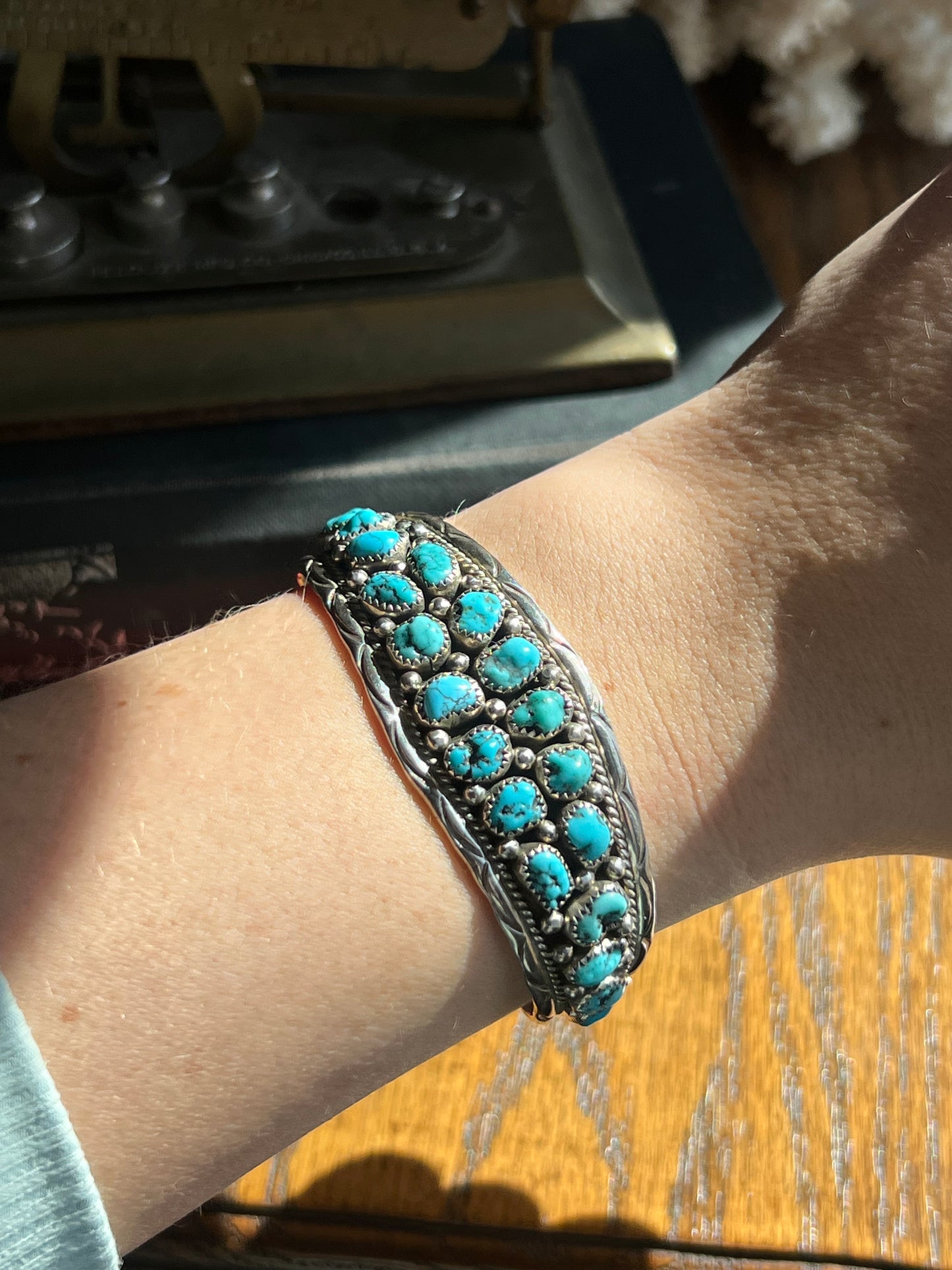 “A” Sterling Silver Kingman Turquoise 20-Stone Cuff