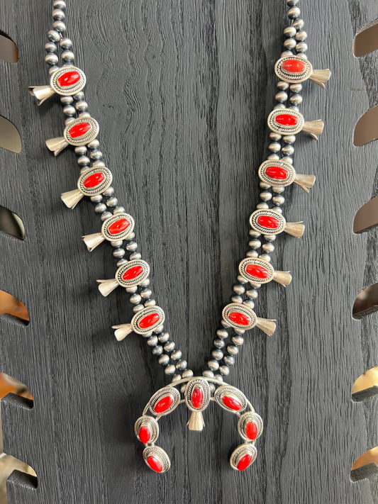 Coral & Sterling Silver Squash Blossom Necklace