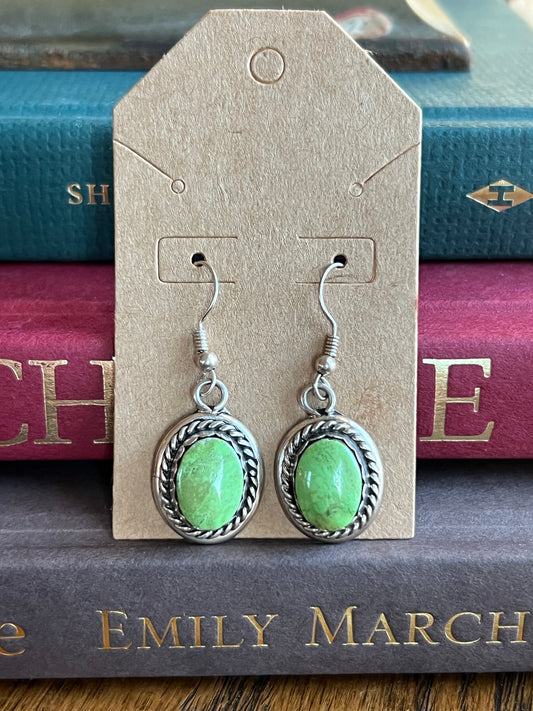 Green Stone Sterling Silver Braided Frame Drop Earrings