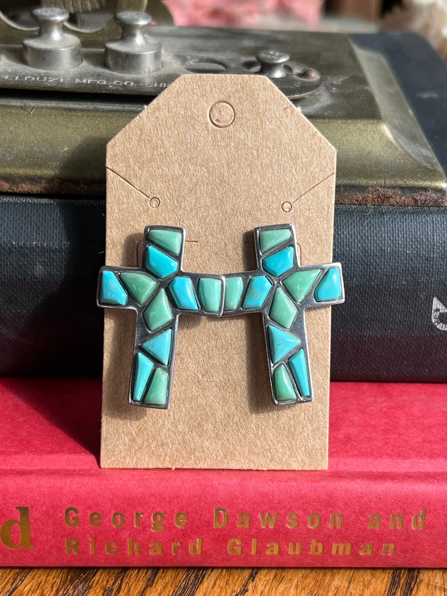 Turquoise/Green Cluster Stone Cross Post Earrings