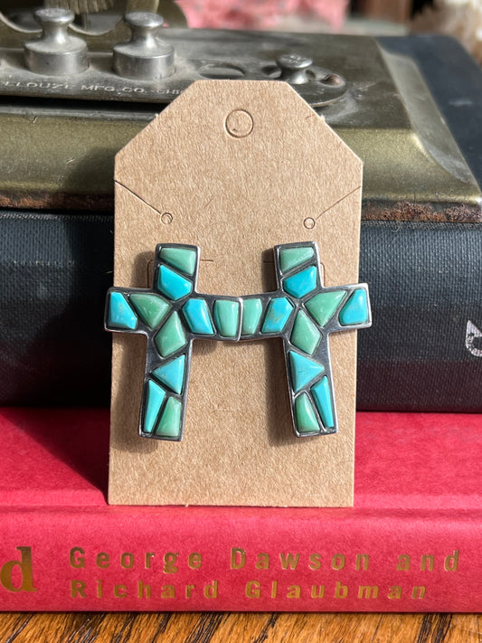 Turquoise/Green Cluster Stone Cross Post Earrings