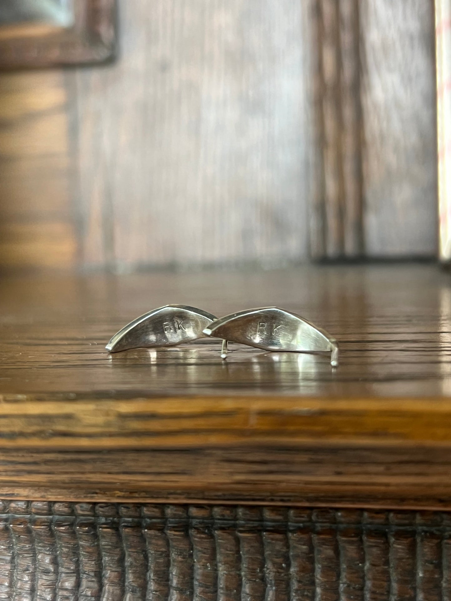 Signed RK Black, Coral, & Turquoise Inlay Post Earrings