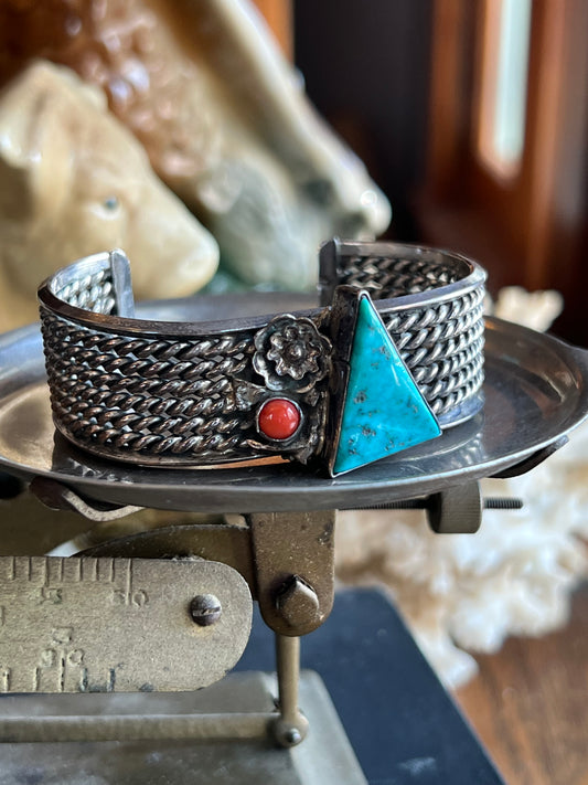 Sterling Silver Turquoise & Coral Double Stone Cuff
