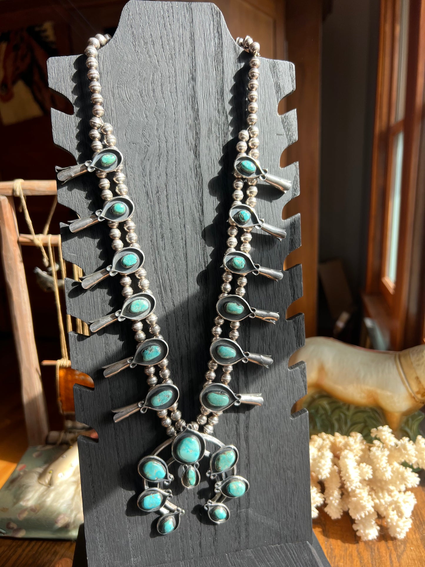 Broken Arrow Turquoise 20-Stone Double Strand Squash Blossom