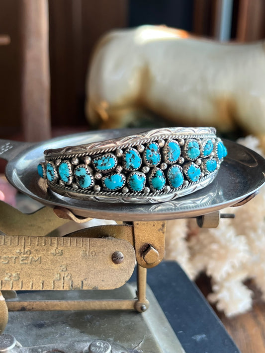 “A” Sterling Silver Kingman Turquoise 20-Stone Cuff