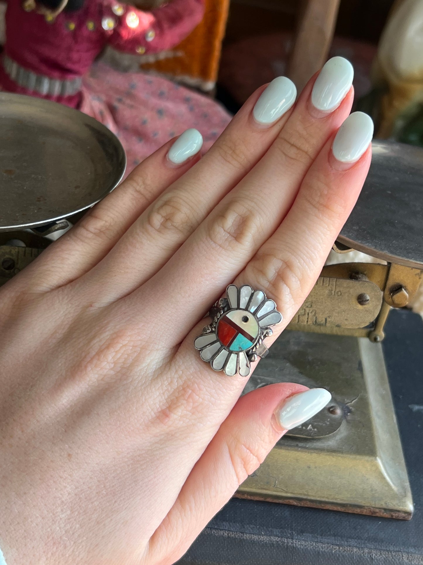 MOP/Turquoise/Coral Inlay Zuni Headdress Ring