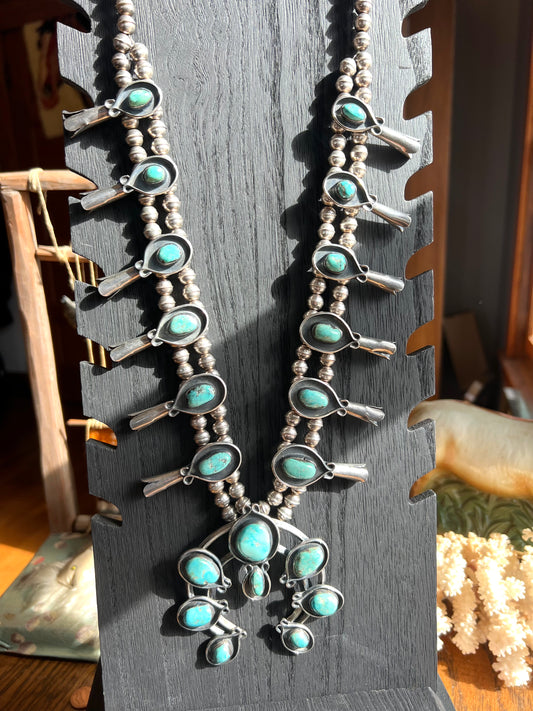 Broken Arrow Turquoise 20-Stone Double Strand Squash Blossom