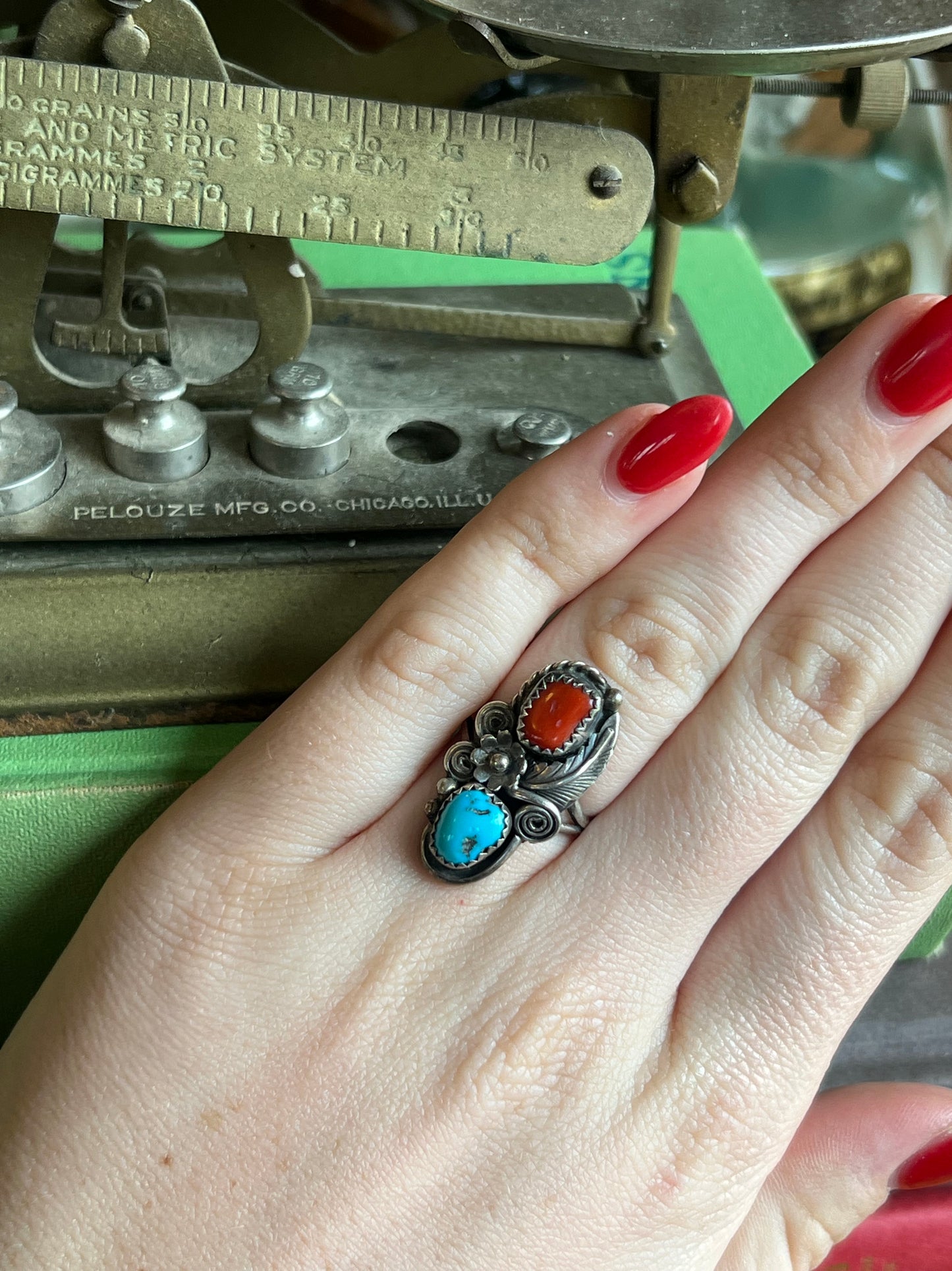 Turquoise & Coral Double Stone Ring