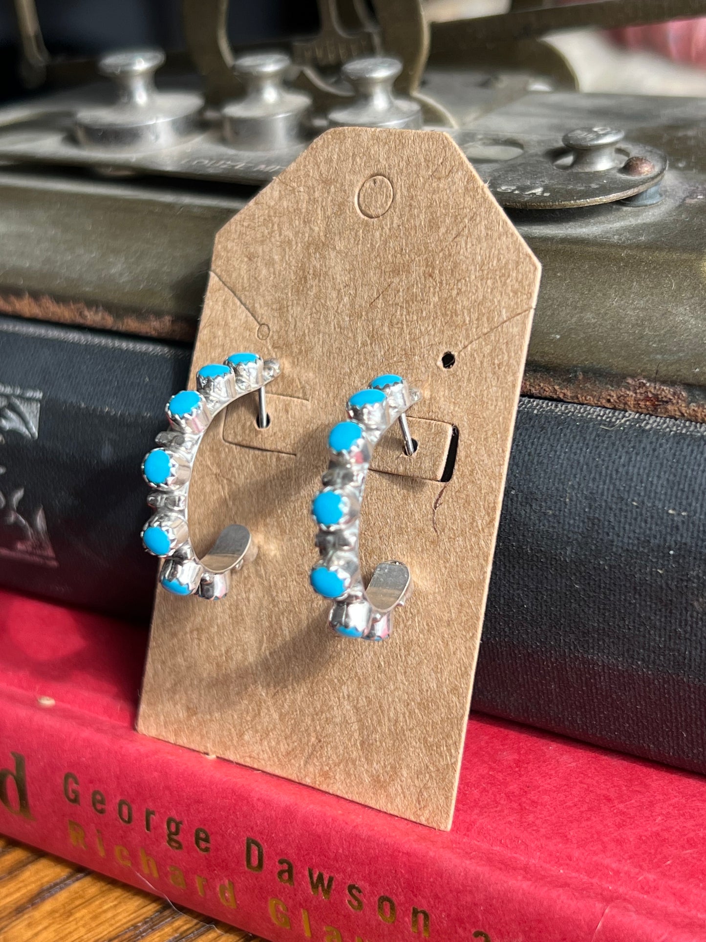 8-Stone Turquoise Half Moon Post Earrings