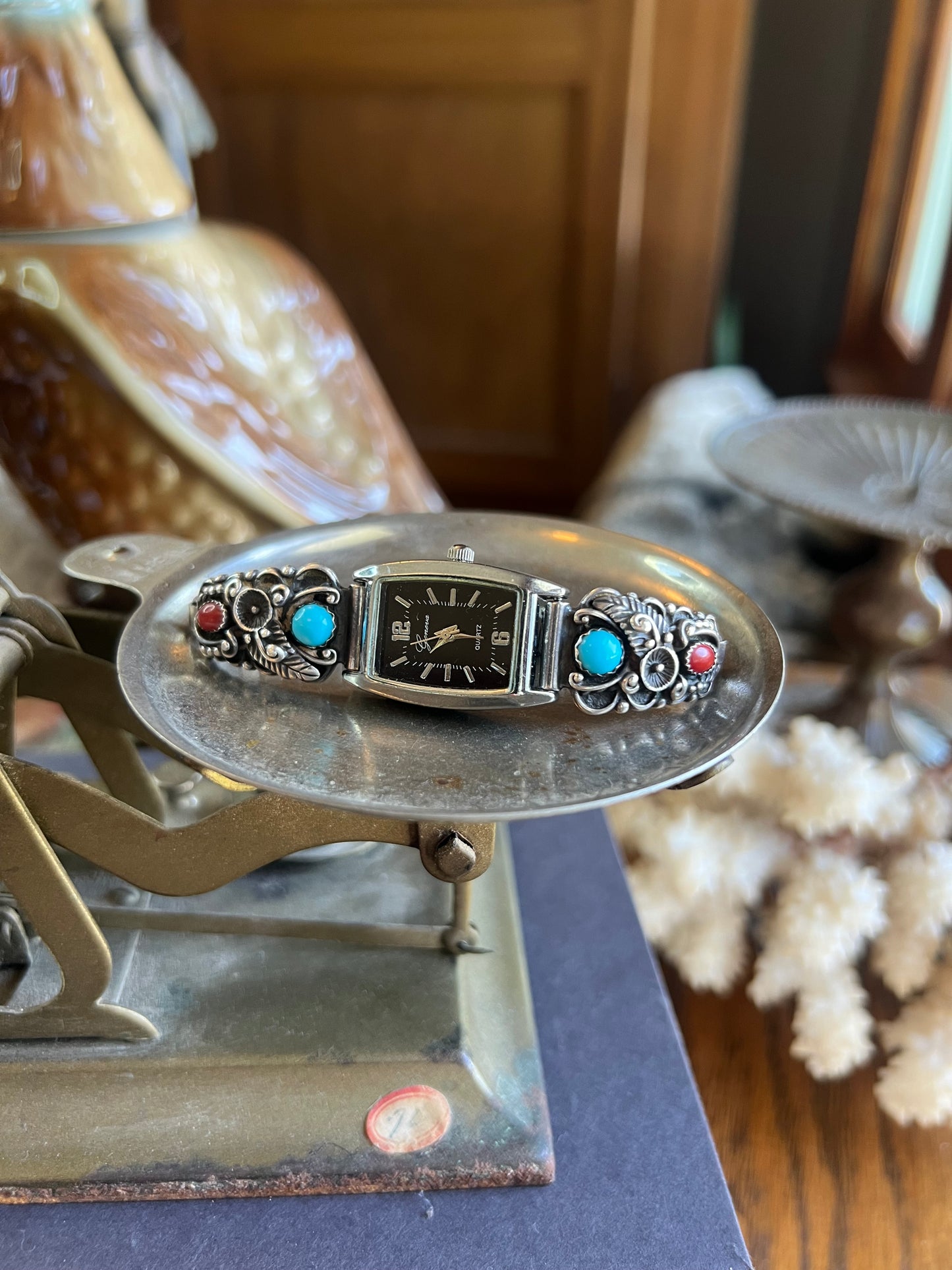Vintage Sterling Silver Geneva Watch with Turquoise & Coral Stones