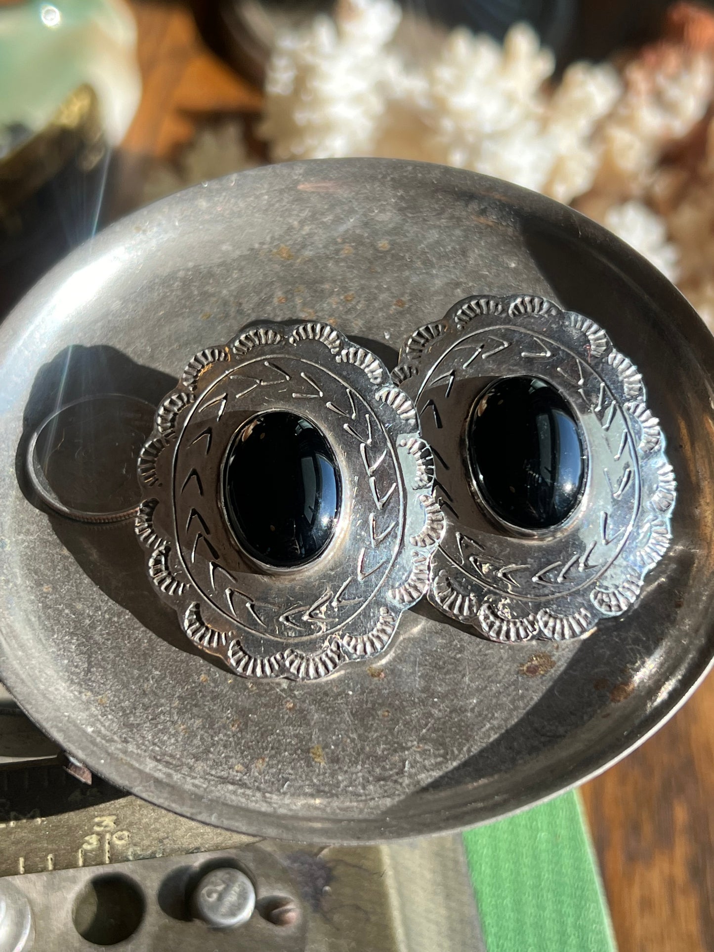 Large Black Onyx & Sterling Silver Huggie Post Earrings