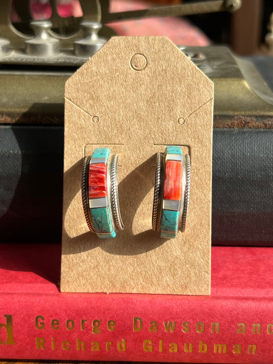 Crushed Turquoise & Coral Sterling Silver Half Moon Earrings