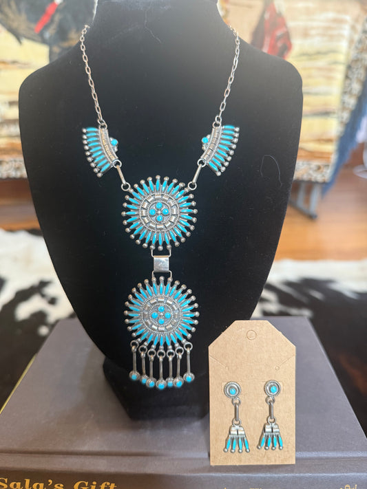 Estate Zuni Kingman Turquoise Necklace/Earring Set