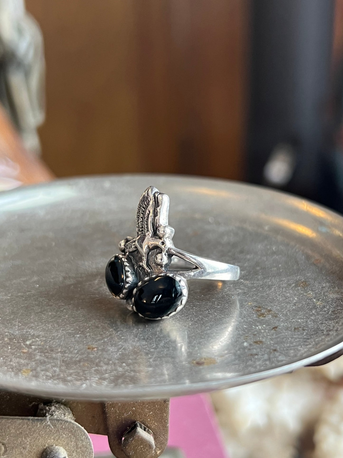 Double Black Onyx Stone Sterling Silver with Eagle Ring