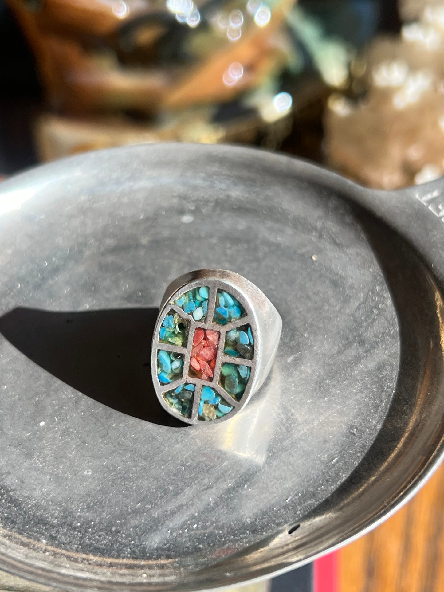 Turquoise & Coral Crushed Inlay Ring