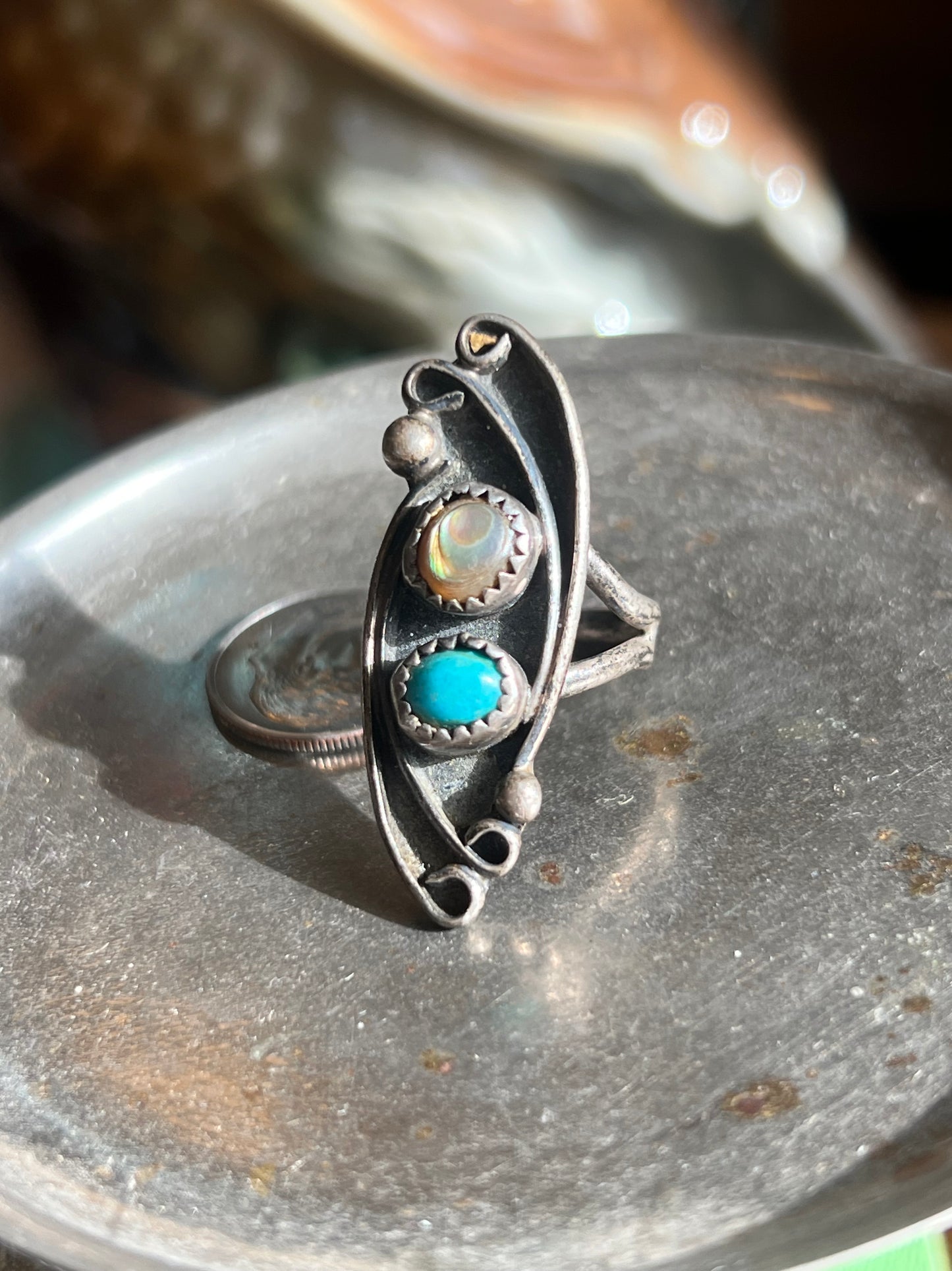 Signed Turquoise & Opal Double Stone Ring