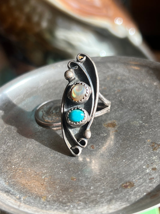 Signed Turquoise & Opal Double Stone Ring