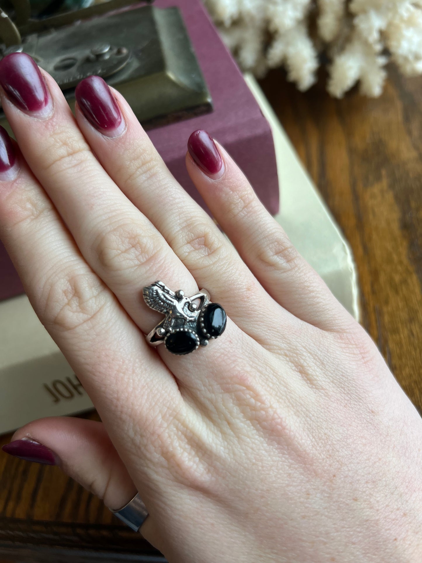 Double Black Onyx Stone Sterling Silver with Eagle Ring