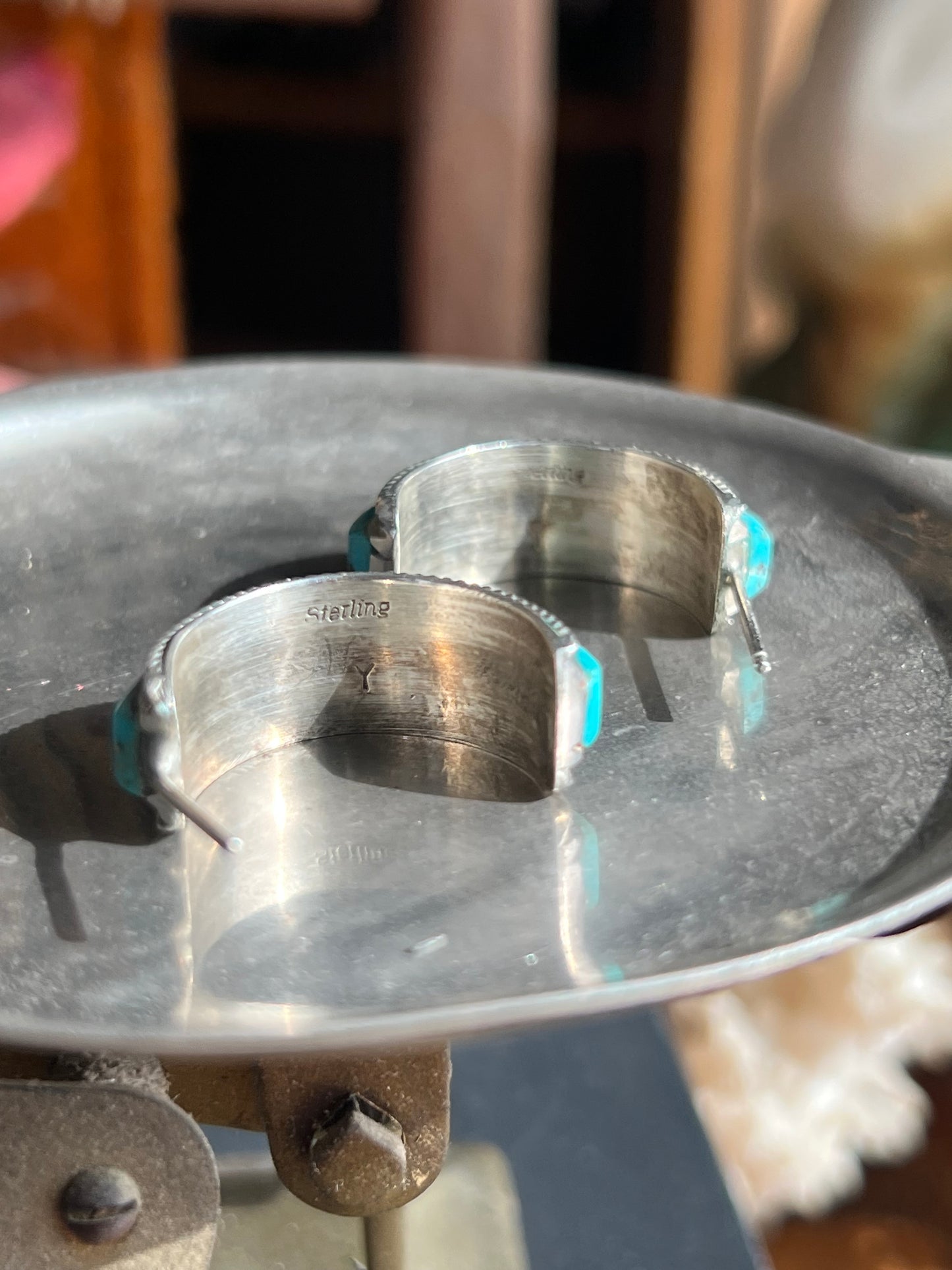Crushed Turquoise & Coral Sterling Silver Half Moon Earrings