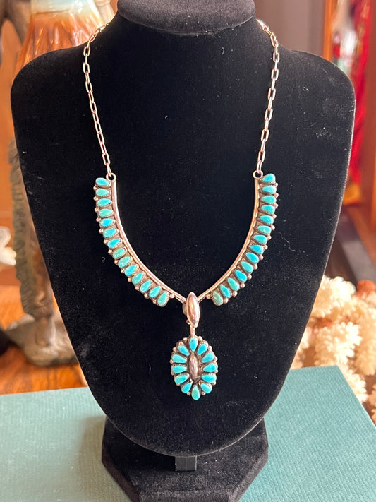 “MEC” Turquoise Zuni Panel Sterling Silver Necklace