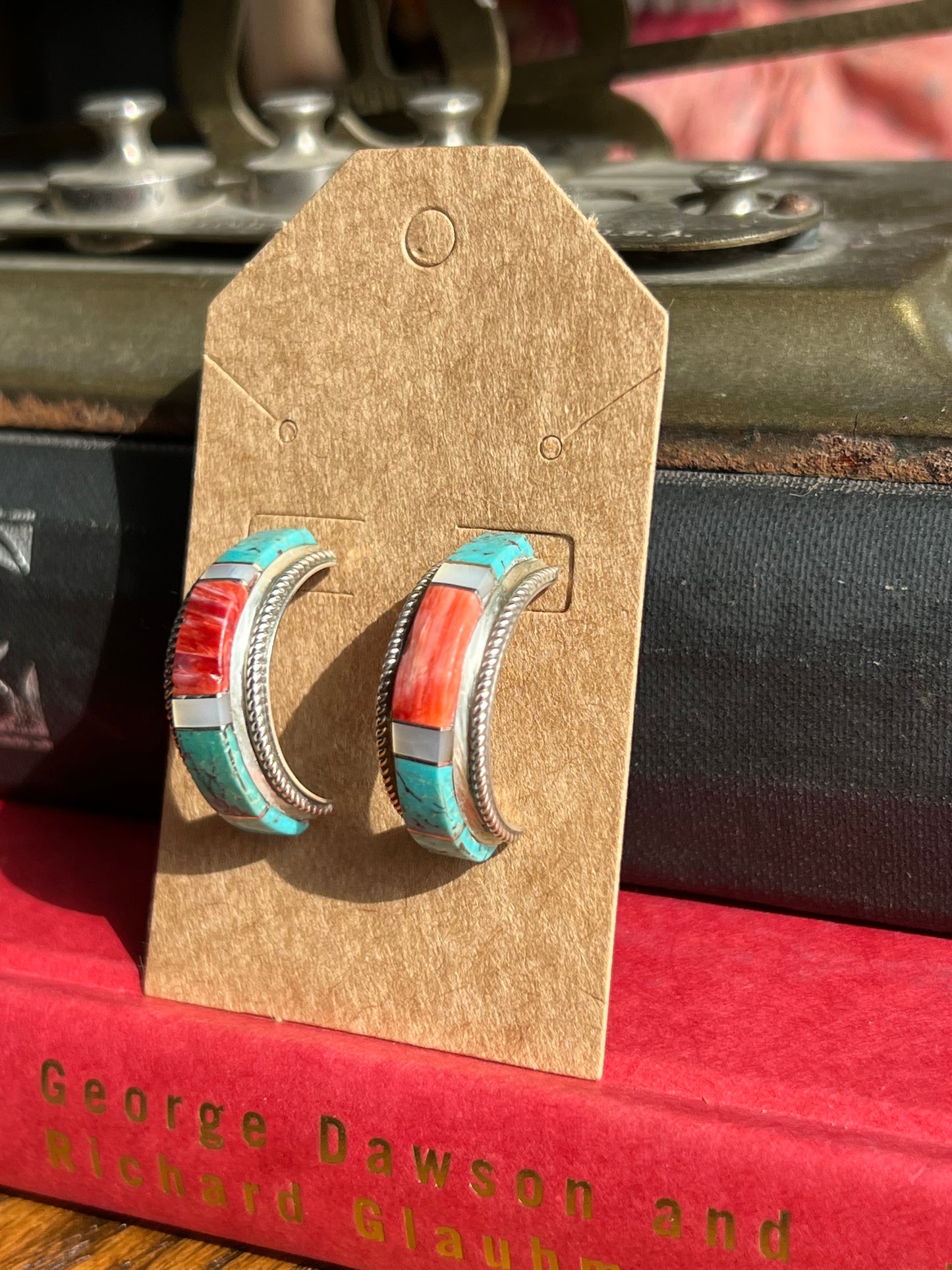 Crushed Turquoise & Coral Sterling Silver Half Moon Earrings