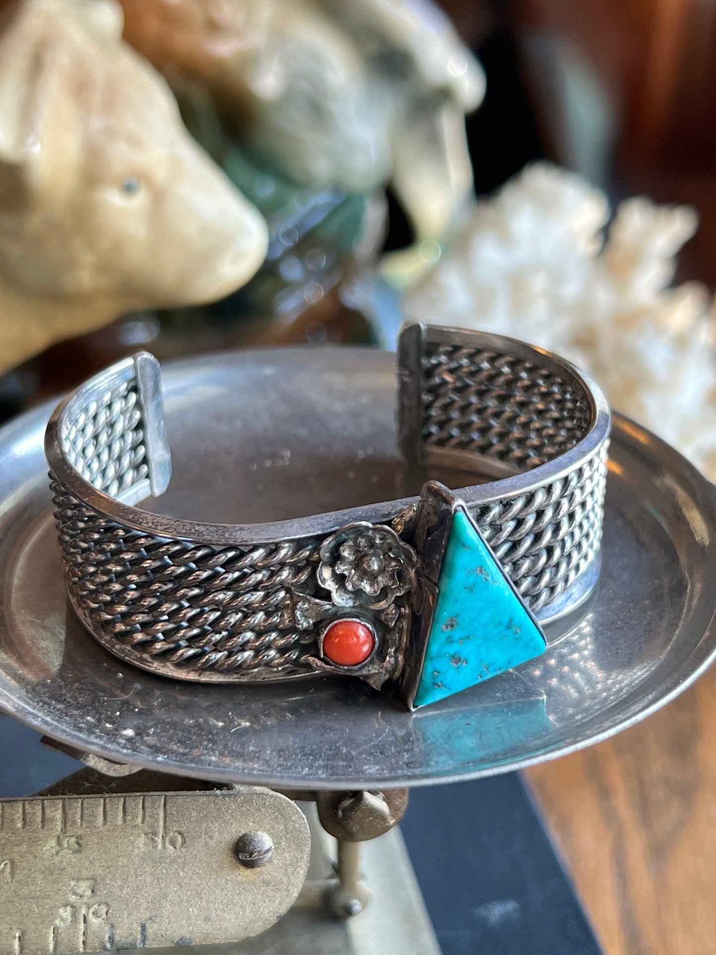 Sterling Silver Turquoise & Coral Double Stone Cuff