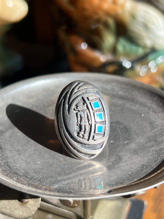 Vintage Silver Kokopelli Man with Turquoise Ring