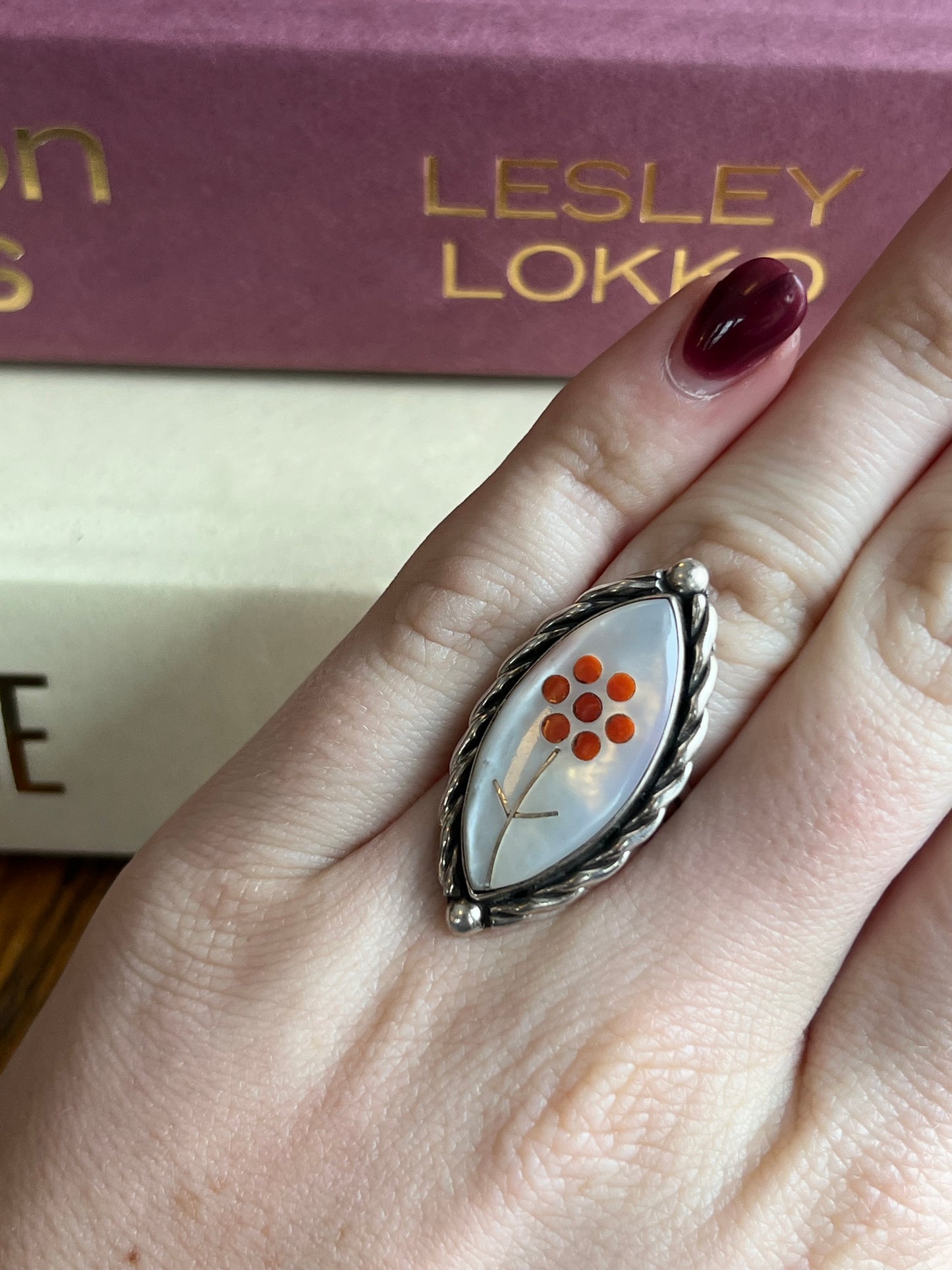 Mother of Pearl Zuni Coral Flower Ring