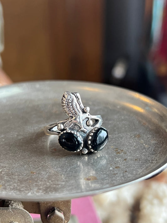 Double Black Onyx Stone Sterling Silver with Eagle Ring